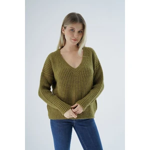 Trist Star Kadın Olive Oversize V Yaka Nopen Selanik Örgü Yünlü Özel Iplik Triko Örme Kazak TRIST-6160
