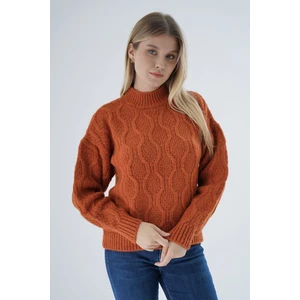 Trist Star Kadın Turuncu Oversize Yarım Balıkçı Yürütme Petek Örgü Yün Özel Iplik Triko Örme Kazak