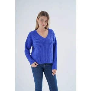 Trist Star Kadın Saks Oversize V Yaka Nopen Selanik Örgü Yünlü Özel Iplik Triko Örme Kazak TRIST-6160