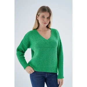 Trist Star Kadın Yeşil Oversize V Yaka Nopen Selanik Örgü Yünlü Özel Iplik Triko Örme Kazak TRIST-6160