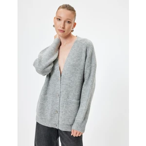 Triko Oversize Hırka V Yaka Düğmeli Cepli Uzun Kollu