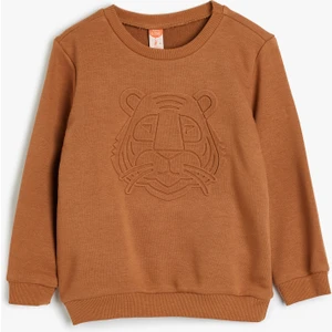 Sweatshirt Kaplan Kabartma Baskılı Bisiklet Yaka Uzun Kollu