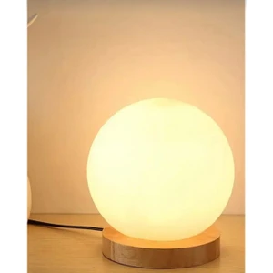 Moon Masa Lambası Ahşap Detaylı E-27 Duy Beyaz Glop Camlı Fişli Elektrik İle Çalışır