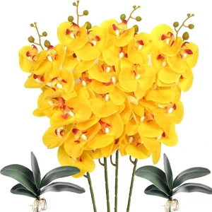 4lü Set Yapay Çiçek Sarı Islak Orkide ve 2 Adet Orkide Yaprağı Gerçeksi Doku Uzun Dal 90CM