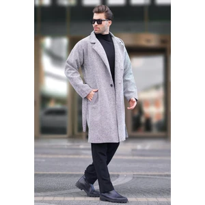 Beyaz Kruvaze Yaka Desenli Kaşe Kaban 7250