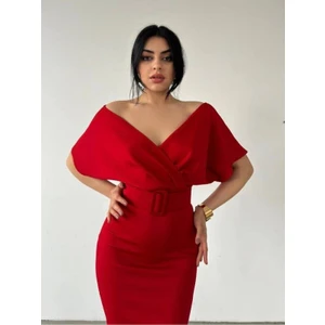 Zishan Fashion Kadın Kemerli Yarım Kol Skuba Kumaş Kruvaze Yaka Sırt Detaylı Abiye Gece Mezuniyet Elbisesi 1825