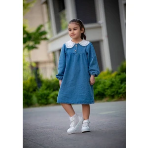 Lolli Boom Kids  Yeni Sezon Kız Çocuk Örgü Bebe Yaka Uzun Kollu Kot Elbise