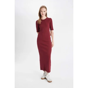 Bodycon Vücuda Oturan Bisiklet Yaka Basic Düz Fitilli Kaşkorse Kısa Kollu Maxi Bordo Elbise D8623AX24AU