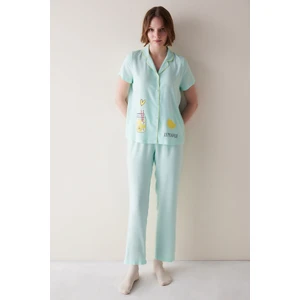 Lemons Mint Rengi Düğmeli Gömlek Pantolon Pijama Takımı