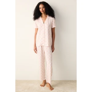 Kadın Pembe Gingham Desenli Pijama Takımı Yumuşak Doku