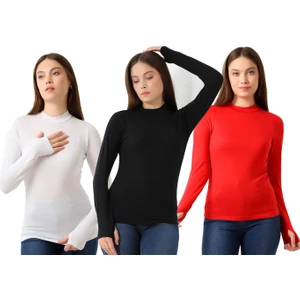 Kadın 3'lü Paket Parmak Detaylı Body 31756 Siyah-Beyaz-Kırmızı