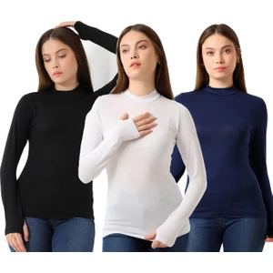 Kadın 3'lü Paket Parmak Detaylı Body 31756 Siyah-Beyaz-Lacivert