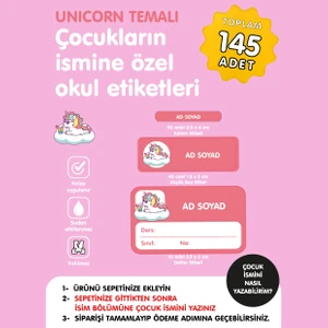Sevimli Unicorn Temalı İsme Özel Okul Etiketi