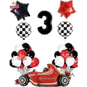 Formula Yarış Arabası 3 Yaş Siyah Kırmızı Beyaz Konsept Doğum Günü Parti Seti