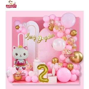 Taçlı Kedi 2 Yaş Folyo Balonlu Gold Pembe Konsept Doğum Günü Parti Seti