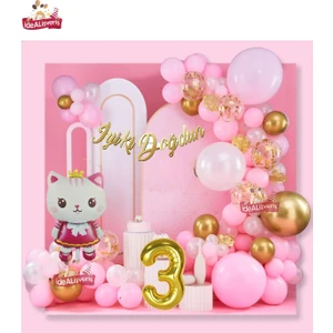 Taçlı Kedi 3 Yaş Folyo Balonlu Gold Pembe Konsept Doğum Günü Parti Seti