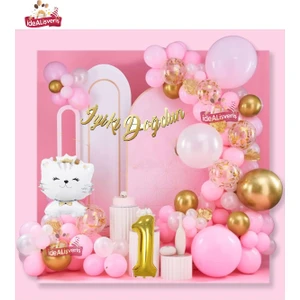 Sevimli Kedi Gold 1 Yaş Folyo Balonlu Iyi Ki Doğdun Yazılı Pembe Gold Konsept Doğum Günü Parti Seti
