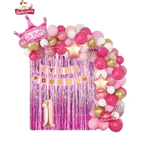 Yıldızlı Pembe Beyaz Konseptli 1 Yaş Kraliçe Taçlı Doğum Günü Balon Zincir Seti