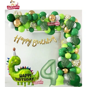 Happy Birthday Yazılı Dinozor 4 Yaş Folyo Balonlu Yeşil Gold Beyaz Doğum Günü Parti Seti