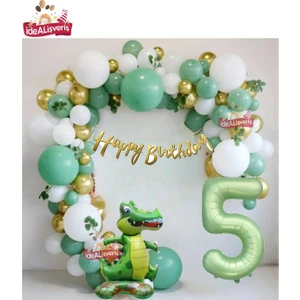 Mat Yeşil 5 Yaş Ayaklı Timsah Folyo Balon Happy Birthday Kaliğrafi Yeşil Gold Doğum Günü Parti Seti