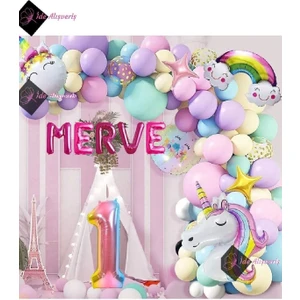 5 Harfli 1 Yaş Gökkuşağı Konsepti Unicorn Temalı Makaron Balon Doğum Günü Parti Kutlama Seti