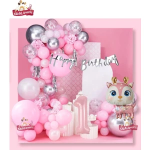 Kızlar Için Lüks Geyik Folyolu Pembe 1 Yaş Folyolu Doğun Günü Konsepti Doğum Günü Süsü Parti Seti