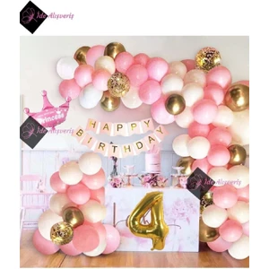 Kızlar Için Pembe Kraliçe Taçlı Lüks 4 Yaş Doğum Günü Parti Süsü Iyiki Doğdun