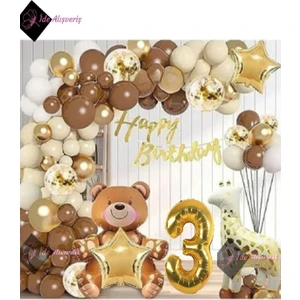 Hayvan Temalı Folyo Balonlu Kahverengi 3 Yaş Doğum Günü Parti Seti Balon Seti