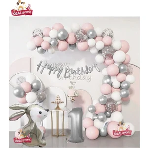 Gümüş Pembe Lüks 1 Yaş Tavşan Folyo Doğum Günü Süsü Doğum Günü Parti Balon Zincir Set