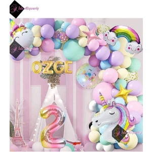4 Harfli 2 Yaş Gökkuşağı Konsepti Unicorn Temalı Makaron Balon Doğum Günü Parti Kutlama Seti