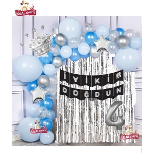 Gümüş Mavi Konseptli Yıldızlı Kral Taçlı 4 Yaş Balon Zinciri Doğum Günü Seti Iyi Ki Doğdun