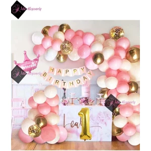 Kızlar Için Pembe Kraliçe Taçlı Lüks 1 Yaş Doğum Günü Parti Süsü Iyiki Doğdun