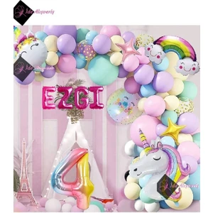 4 Yaş ve 4 Harfli Gökkuşağı Konsepti Unicorn Temalı Makaron Balon Doğum Günü Parti Kutlama Seti