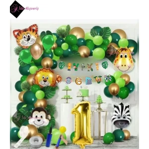 1 Yaş Iyi Ki Doğdun Uzar Yazı Safari Temalı Folyo Lüks Zincir Balon Seti