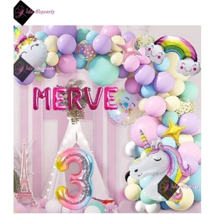 5 Harfli 3 Yaş Gökkuşağı Konsepti Unicorn Temalı Makaron Balon Doğum Günü Parti Kutlama Seti