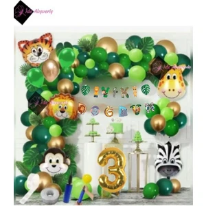 3 Yaş Iyi Ki Doğdun Uzar Yazı Safari Temalı Folyo Lüks Zincir Balon Seti