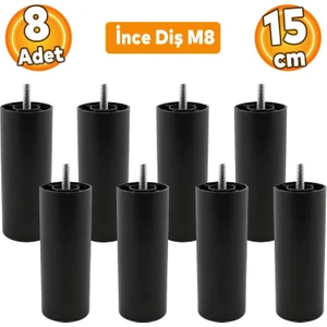 Mobilya Kanepe Koltuk Baza Yükseltici M8 Civatalı İnce Diş Destek Ayağı Siyah 15 cm 8 Adet