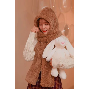 Shawl Kapşonlu Peluş Bere Atkı Kadın Welsoft Polar Boyunluk Şalı Rüzgar Geçirmez Kulaklı Şapka