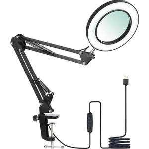 8 x  Büyüteçli LED 360 Derece Ayarlanabilir Masa Lambası 3 Renk Modlu Metal Esnek Kelepçeli