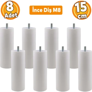 Mobilya Kanepe Koltuk Baza Yükseltme M8 Civatalı İnce Diş Destek Ayağı Beyaz 15 cm 8 Adet