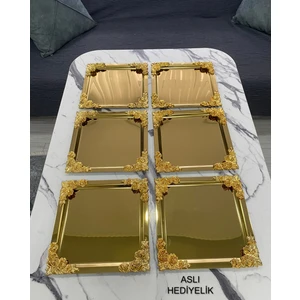 Aslı Hediyelik 6'lı Lüx  4 Köşesi Çiçekli Kare Gold Kaplama Model Çay,kahve,ikram Servis Sunum Tepsisi 21X21