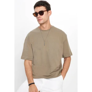 Unisex Oversize Geniş Kesim Pamuklu Yumuşak Dokulu Basic Bisiklet Yaka Haki T-Shirt