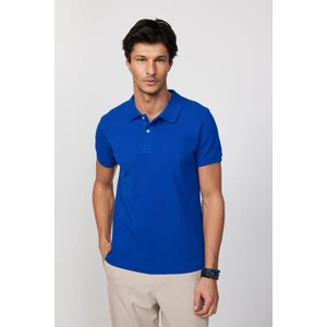 Erkek Slim Fit Dar Kesim %100 Pamuk Düz Pike Sax Mavi Polo Yaka T-Shirt