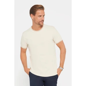 Erkek Slim Fit Dar Kesim %100 Pamuk Düz Pike Taş Rengi Bisiklet Yaka T-Shirt