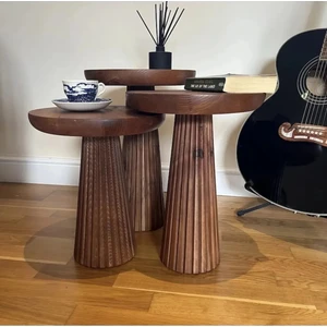 Simillo Home & Living Wooden 3’Lü Set Fitilli Mantar Yan Sehpa Modern Ceviz Renk Fiskos / Çiçeklik Ahşap Zigon Sehpa