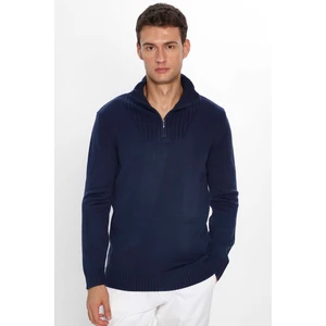 Erkek Slim Fit Dar Kesim Armürlü Fermuarlı Lacivert Dik Yaka Kazak