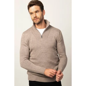 Erkek Slim Fit Dar Kesim Armürlü Fermuarlı Kahve Dik Yaka Kazak