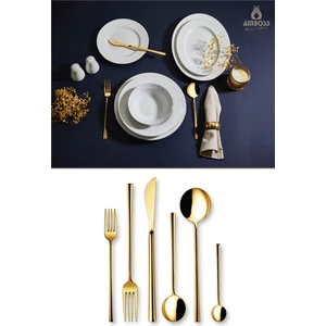 Galaxy - Hare 12 Kişilik 53 Parça Porselen Takımı Gold + Ruby 72 Parça Çatal Kaşık Bıçak Takımı Gold