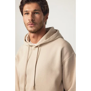 Oversize Geniş Kesim Pamuklu Yumuşak Dokulu İçi Polarlı Basic Bej Kapüşonlu Sweatshirt