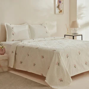 Karaca Home  Çiçekli Çift Kişilik Yatak Örtüsü Ekru